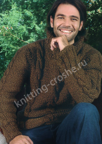 Вязаный спицами мужской свитер коричневого цвета